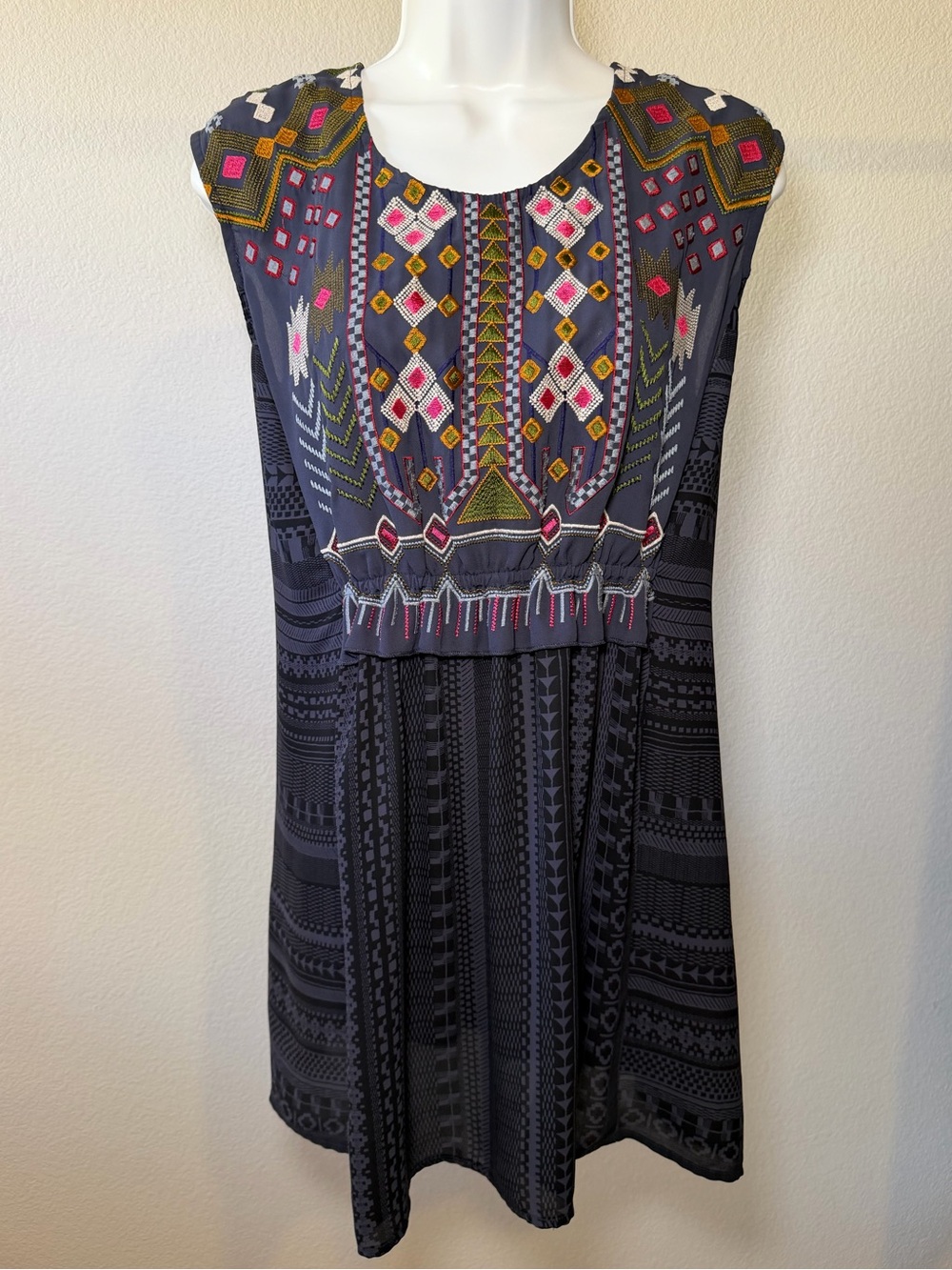 Anthropologie One September Barranco Embroidered Dress Navy Blue Size Medium